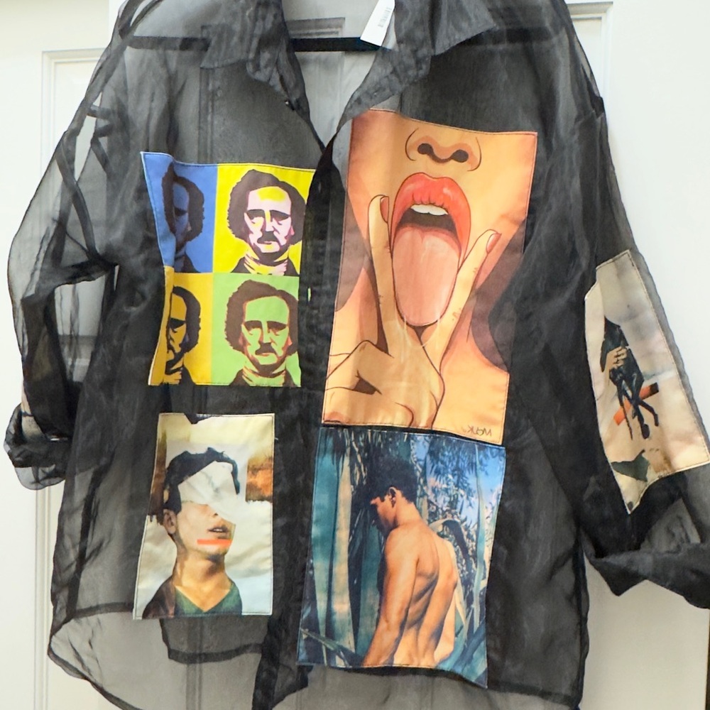 Artistic Sheer Black Shirt with Graphic Patches